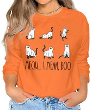 Women's Ghost Cat Meow I Mean Boo Halloween Sweatshirt