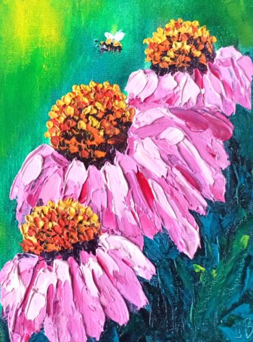 Flower Original Oil Painting Pink Daisy Painting Honeybee Artwork 20x15cm - Picture 1 of 24