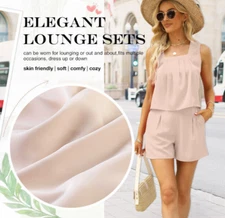 WIHOLL Casual 2 Piece Sleeveless Square Neck Top & Shorts Set Beige Tan LG NEW