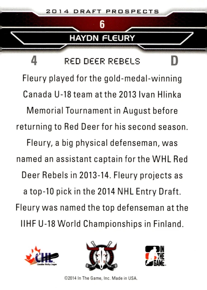 Haydn Fleury - Signed 2014 In The Game Draft Prospects Card #6 - Image 2 of 2
