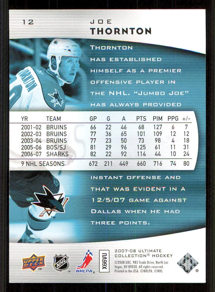 2007-08 Ultimate Collection #12 Joe Thornton /499 - Image 2 of 2
