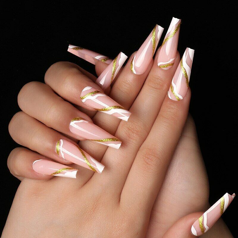Press on Nails Extra Long Coffin Acrylic Fake Nails Black Gold Glue on Nails  French Tip Full Cover False Nails Glitter Foil Design Glossy Artificial  Stick on Nails for Women Girls 24pcs :