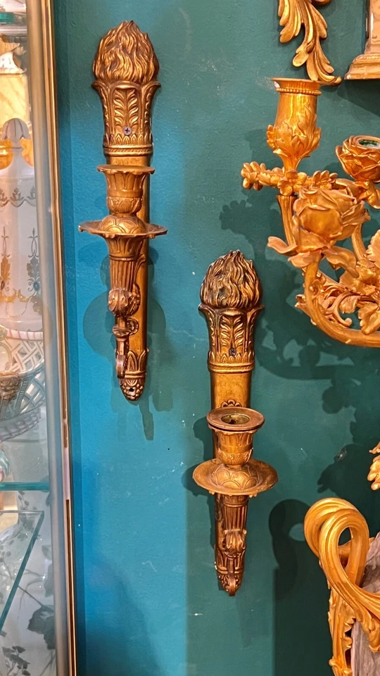 Pair Antique French Empire Torch Form Sconces Wall Lights Foto 3 de 4