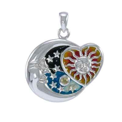 Himmlische Sonne Mond Sterne Herz 925 Sterling Silber Emaille Anhänger edler Schmuck