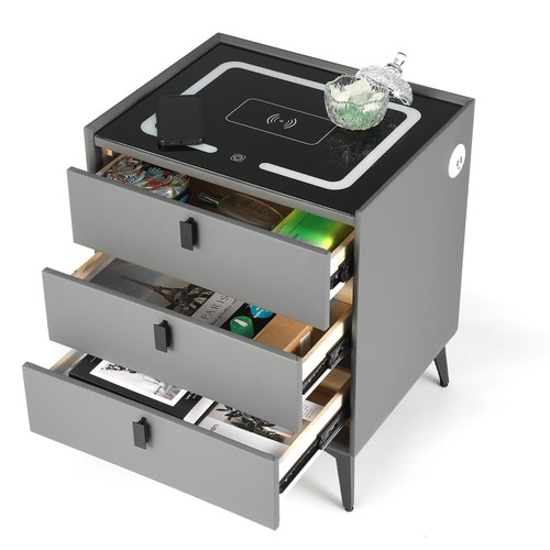 LED Bedside Table Wireless Charging Side Cabinet Nightstand with 3 Drawers Gray - Picture 13 of 15