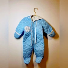 Baby Bunting Hooded Snowsuit Blue/ White Gingham Vintage 12 Months