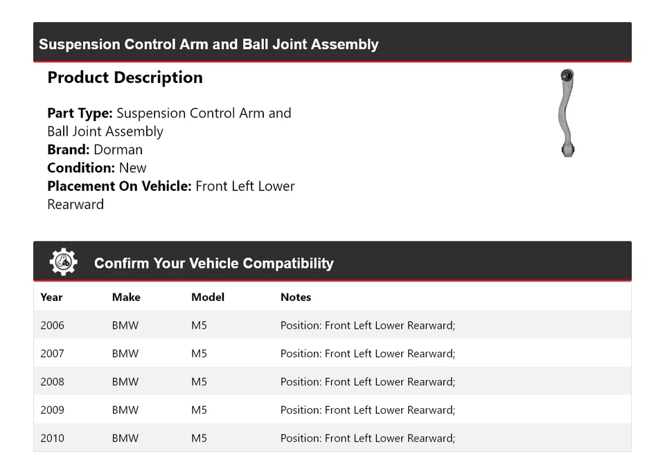 Conjunto de rótula de brazo de control Dorman para BMW M5 2006-2010 2007 2008 2009 Foto 2 de 4