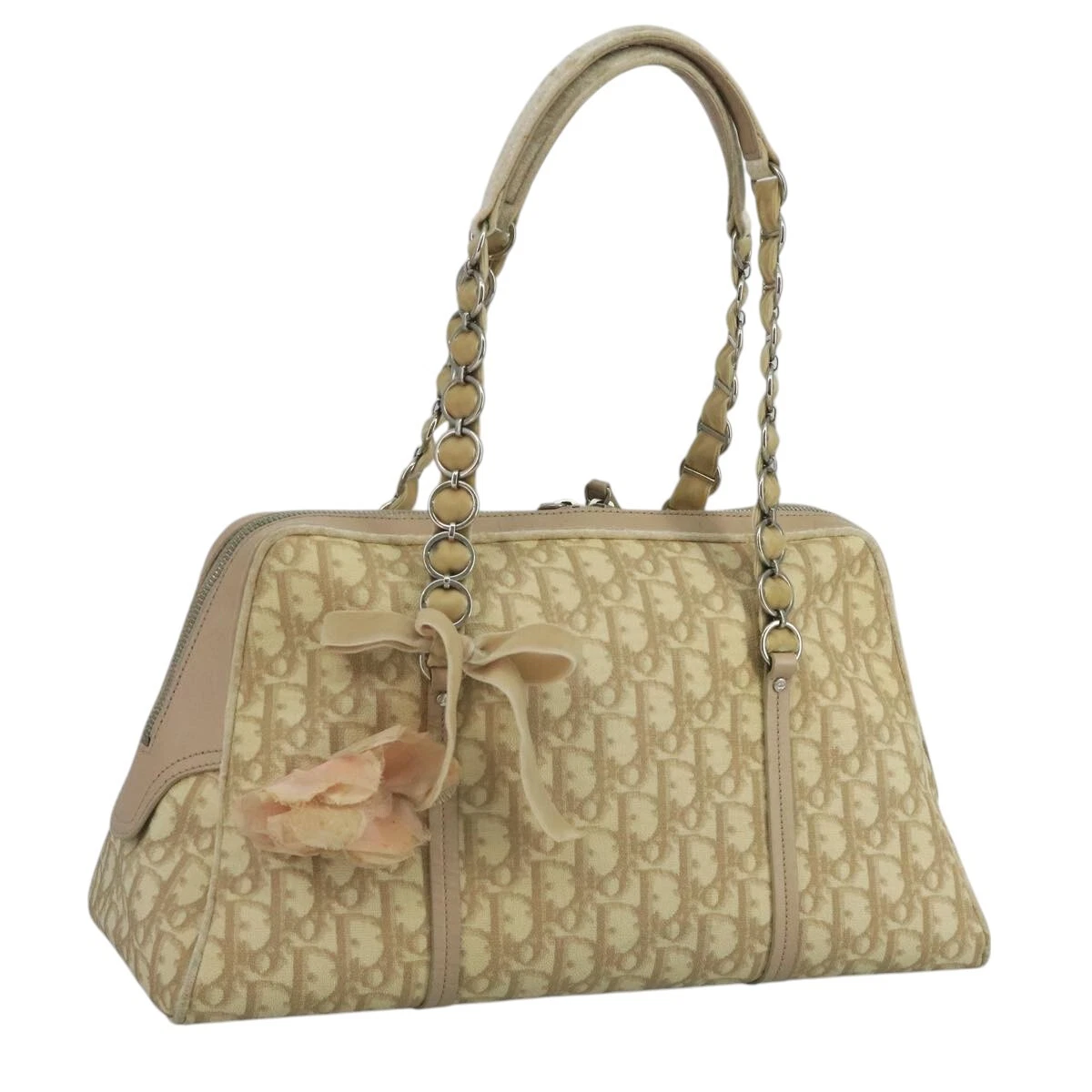 Sac romantique Christian Dior trotteur toile trotteur PVC beige argent authentique 110812