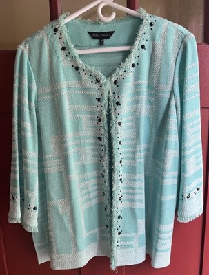 Ming Wang  Knit Jacket Cardigan Textured Beaded Fringe Turquoise Plus 1X NWOT