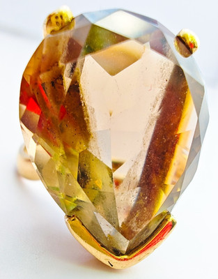14K Gold Huge 14Ct Smoky Quartz Pear Cut Statement Ring Size 5.75 Estate Vintage