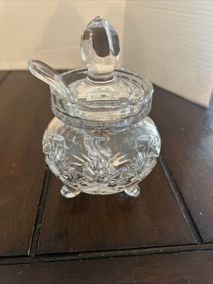 VTG 24%Crystal Glass Sugar/Condiment/Honey/Jam Pot W/Lid&Spoon-Footed