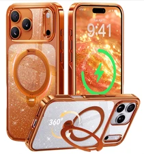 CASEKOO iPhone 17 Pro Max Case Sparkle Orange Glitter w/ 360 Stand & MagSafe