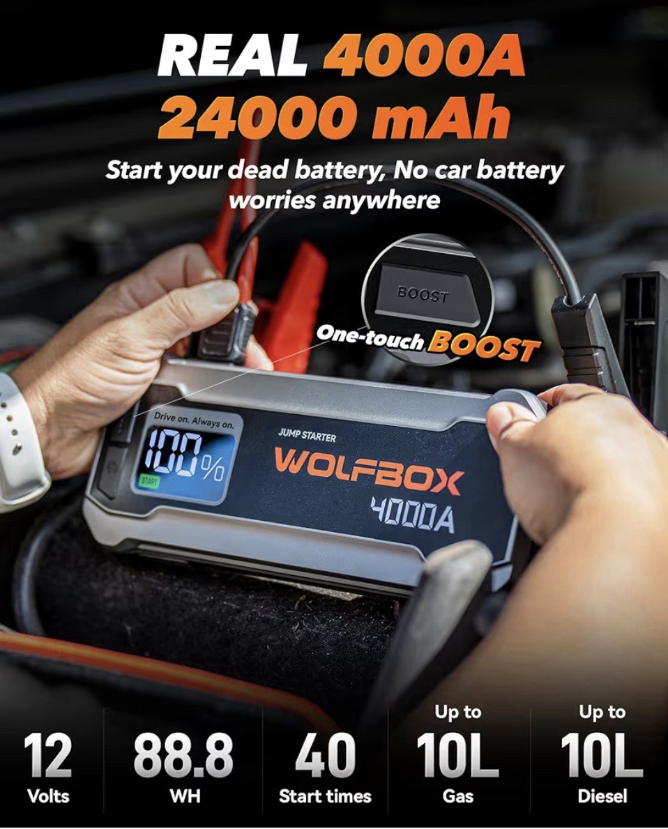 4000A Jump Starter with 65W Quick Charger,LED Display,24000 mAh