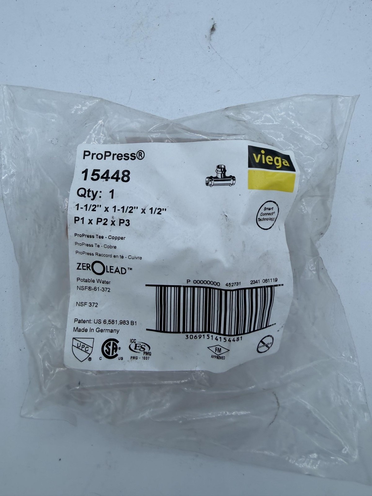 Viega 15448 ProPress Copper Tee Fitting 1-1/2 X 1-1/2 X 1/2 Zero Lead Germany