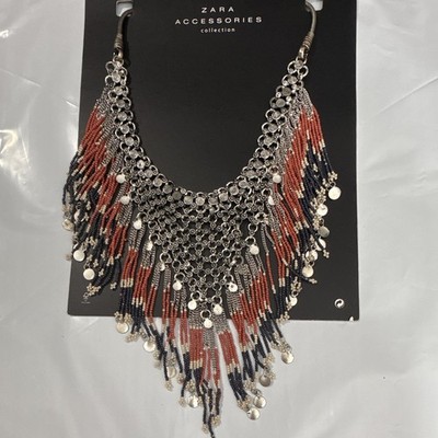ZARA Statement Bib Fringe Beaded Necklace Silver Red Blue Snake Chain Adj