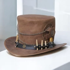 Costume Hat with Chains and Accessories Men’s Brown Leather Steampunk Top Hat,