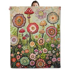 Whimsical Floral Blanket, Cozy Flannel Colorful Flowers  Mushroom Throw Blan...
