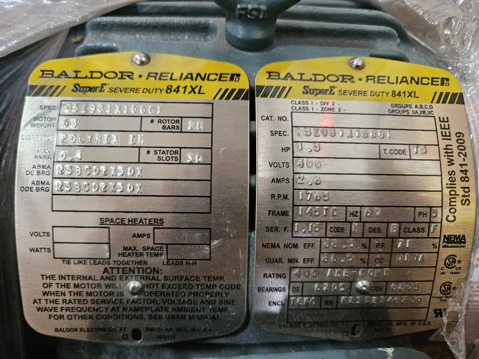 NEW! Baldor Reliance 1.5HP 400V 3PH 60HZ 1800RPM AC MOTOR - Image 2 of 2