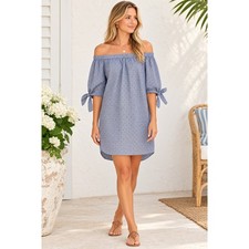 BCBGMAXAZRIA Mini Dress Striped Dot M Blue Off Shoulder Puff Sleeve Coastal Boho