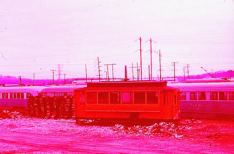 DUPLICATE EKTACHROME SLIDE DC TRANSIT WORK CAR #0522 & PCC #1350 IN YARD