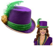 Womens Purple Velvet Mardi Gras Top Hat Gold Rose Green Feather Costume