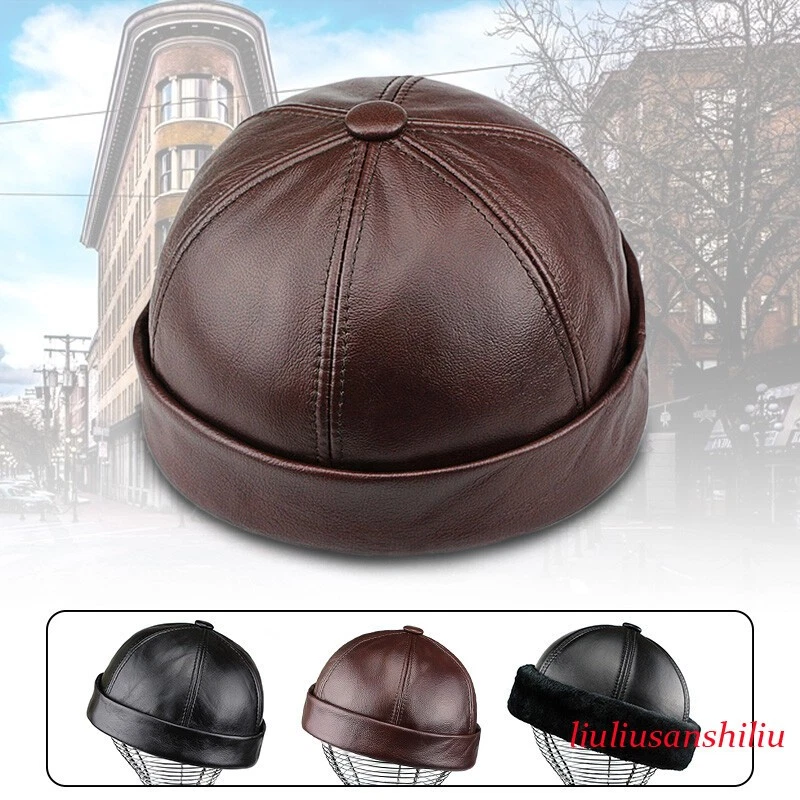 Men Genuine Leather Skullcap Sailor Cap Hat Beanie Rolled Cuff Retro Brimless