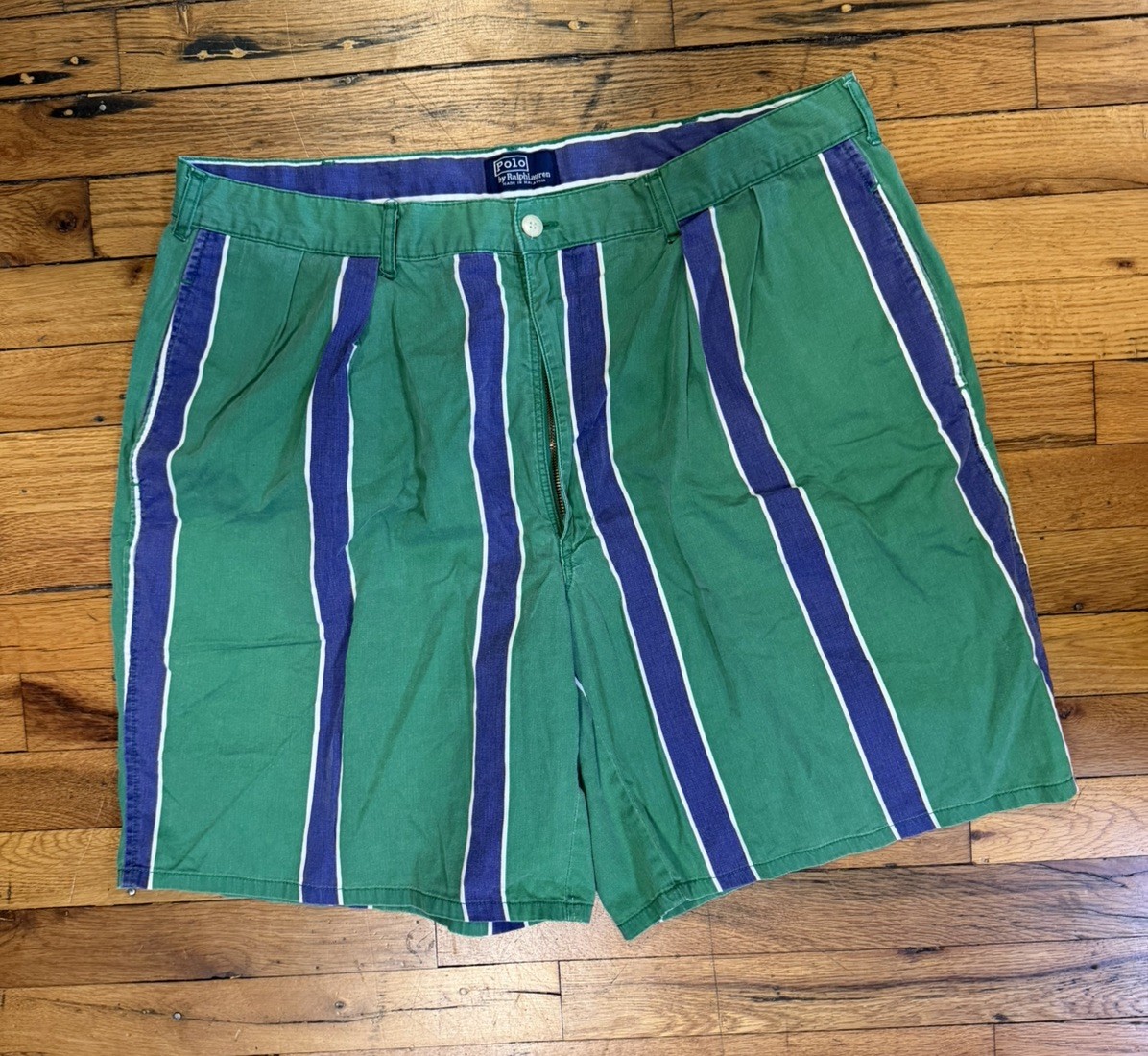 Vintage Polo Ralph Lauren Shorts Mens 38 Made In USA Pleated Striped Chino Rare
