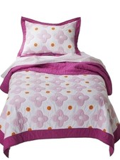 Girls Pink And Orange Flower Dot Stitched Full Queen Quilt  Shams Set 3 Piece