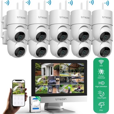 TMEZON HD WLAN Überwachungskamera Set Aussen Kamera 10CH NVR mit 12 ''Monitor 1TB