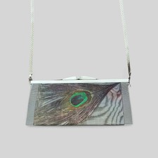 Bo's Art Studio Los Angeles Stainless Steel Mesh Evening Bag Peacock Print Chain