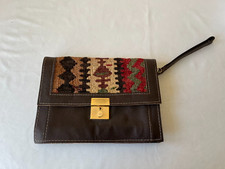 Vintage leather and woven wool carpet clutch bag with wrist strap 2