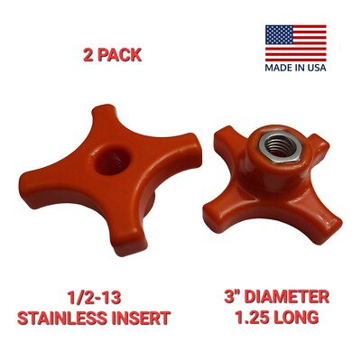 1/2-13 X 3'' Turn Knob Jig Handles 4-Arm ABS, Stainless Thread Red NEW, 2 Pack