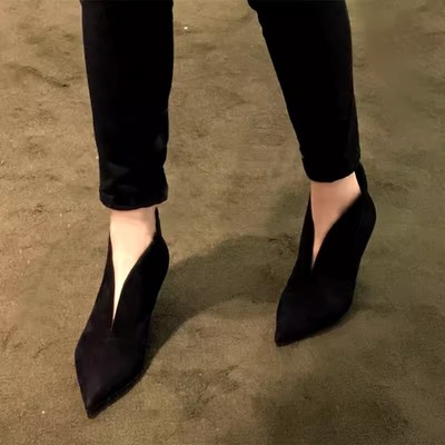Womens V-Cut Shoes Party High Heel Suede Ankle Boots Pointed Toe Kitten Pumps