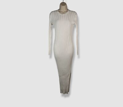 white ribbed sweater dress Turtleneck Bell Sleeve Wide Rib Sweater Dress - Off White