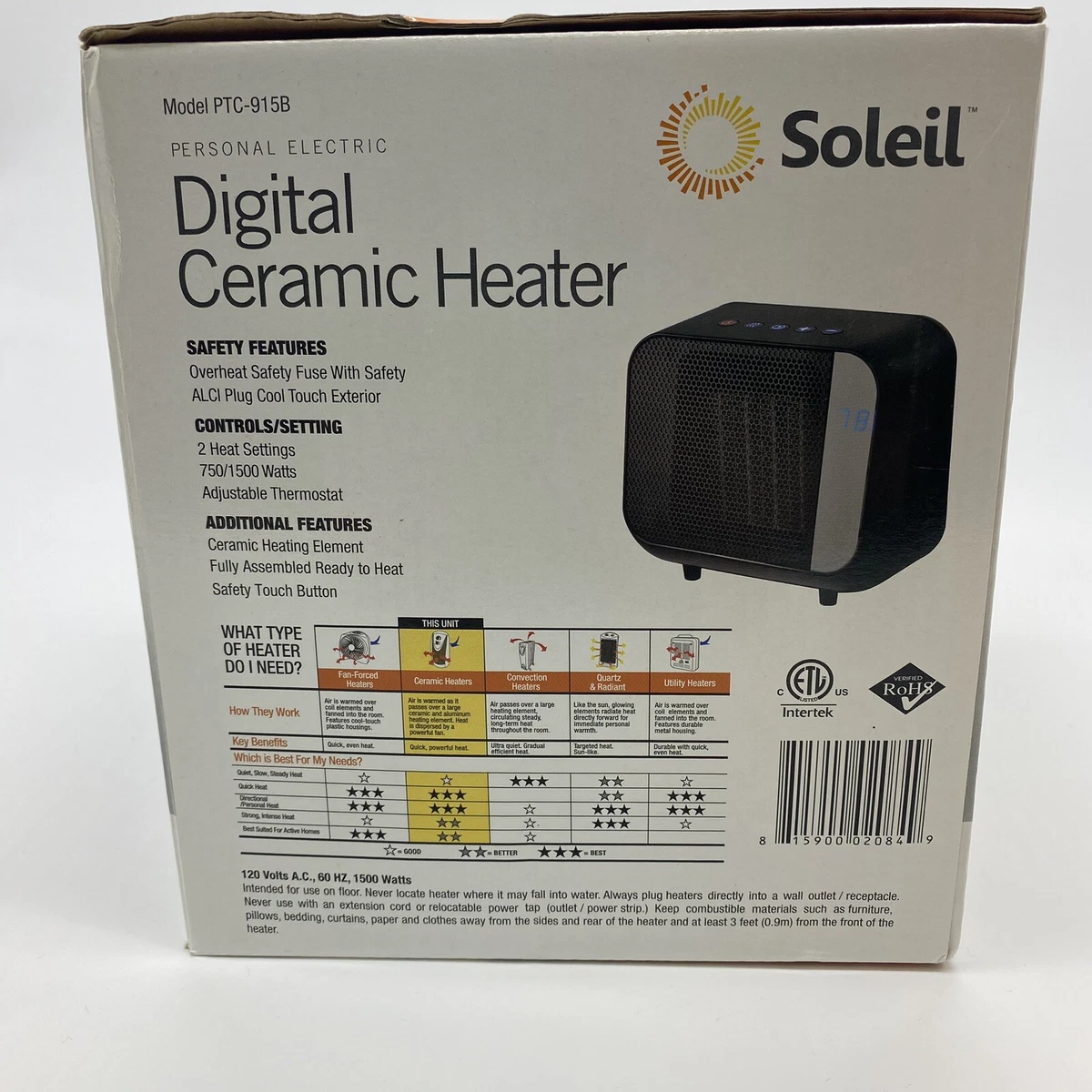 Soleil 1500W Electric Digital Ceramic Heater (Black) PTC-915B New | eBay