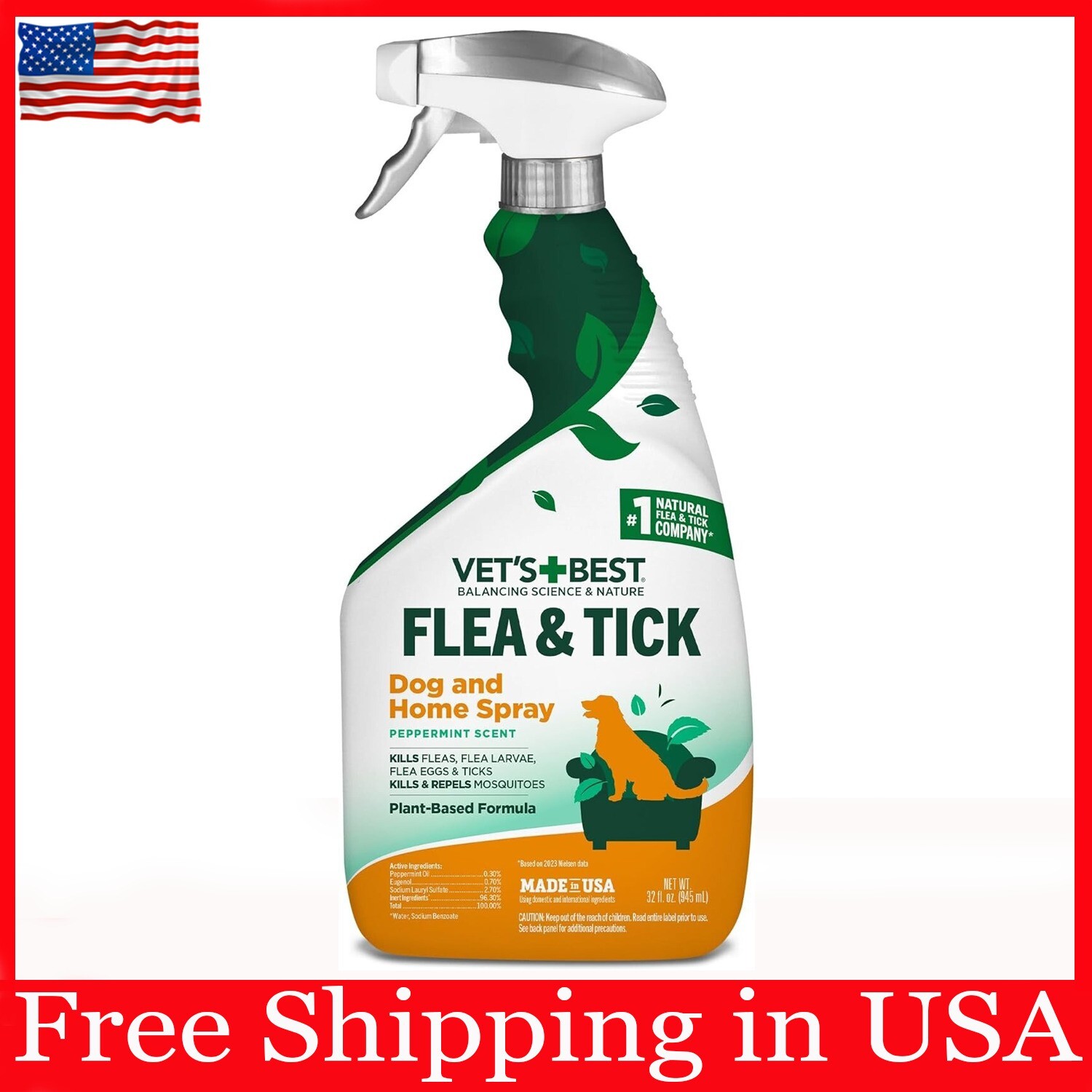 Vet's Best Flea and Tick Home Spray Flea Treatment for Dogs/Cats 32oz. Fast...