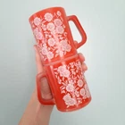 Vintage Federal Milk Glass Coffee Mug Cup Set of 2 White Floral on Red Retro