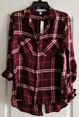 Francesca's Women's Long Sleeve Shirt- Medium Burgandy Plaid Split Tail NWT
