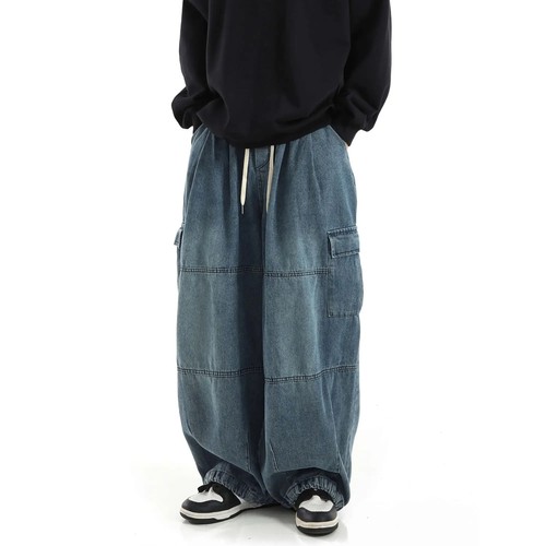 Schwarze Baggy Cargo Jeans Hose Herren Streetwear Freizeit weites Bein Männer Denim Pants - Bild 15 von 18