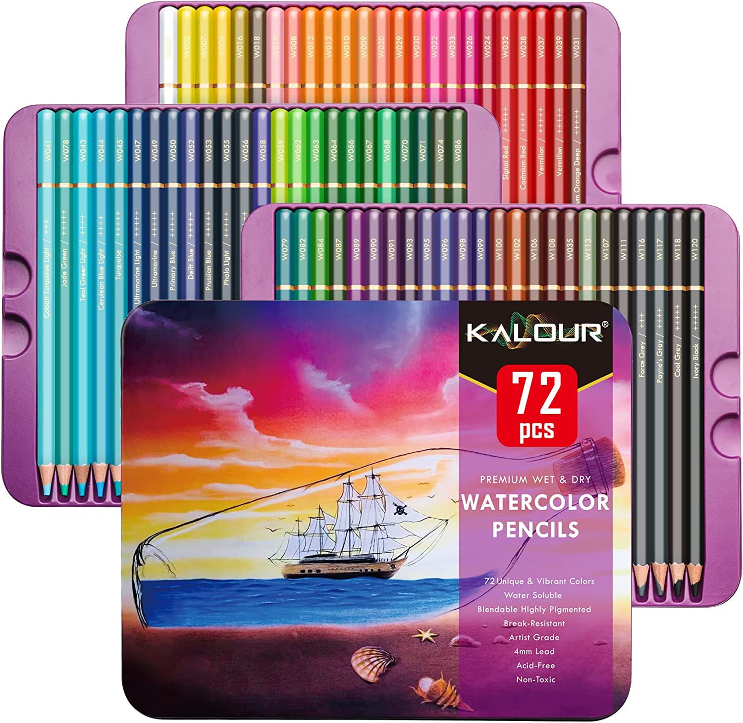 KALOUR Professional Watercolor Pencils, Set of 72 Colors,Numbered and Lightfastn