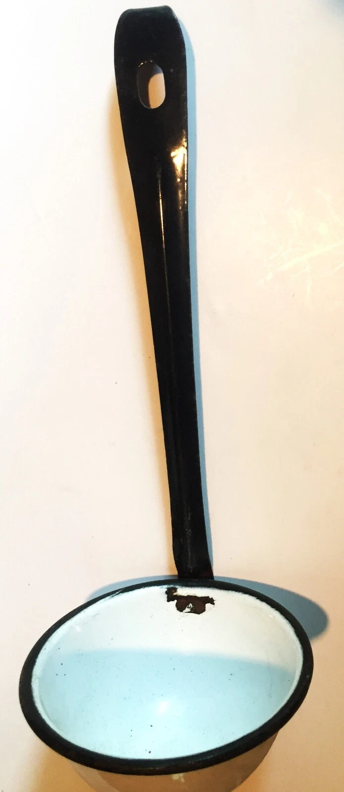 Vintage Metal 11" Long Black Handled with white enamel dipper Ready to hang