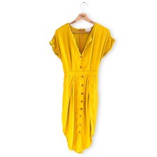 Ladies Yellow Linen Dress V Neck Short Sleeved Midi Summer Size 10
