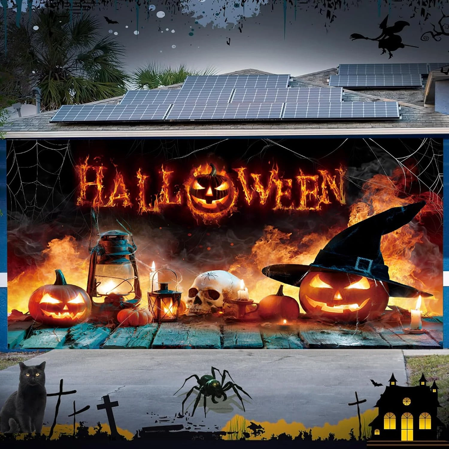 Halloween Garage Door Cover 7X16 Ft, Garage Buddy Pumpkin Ghost Halloween Decora