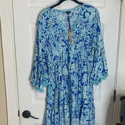 COCO + CARMEN Blue Floral Tunic Dress Ruffle Tassel V-Neck 3/4 L/XL