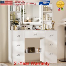 Dressing Table with LED Lighted Opened Mirror and 7 Drawers Makeup Vanity Desk