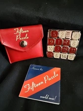 Vintage Fifteen 15 Slide Puzzle in Travel Pocket Pouch Case Metal & Enamel