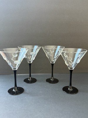 Cristal D'Arques Black Stem Embossed Olives Martini Glasses Set (4) MCM Art Deco