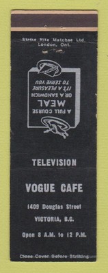 Matchbook Cover - Vogue Cafe Victoria BC