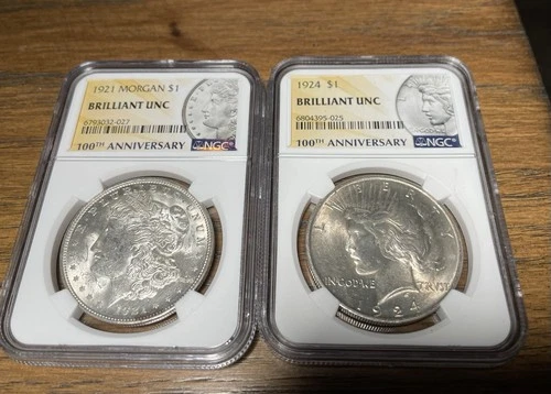 1921 Morgan /1924 Peace Dollars (2) Coin Lot NGC Brilliant Uncirculated Luster