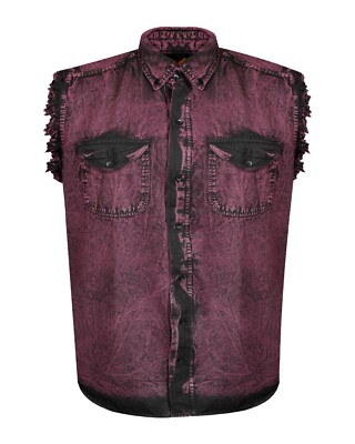 Mens Cotton Stonewash Button Acid Wash Cut Off Shirt Frayed Sleeves 8 Colors